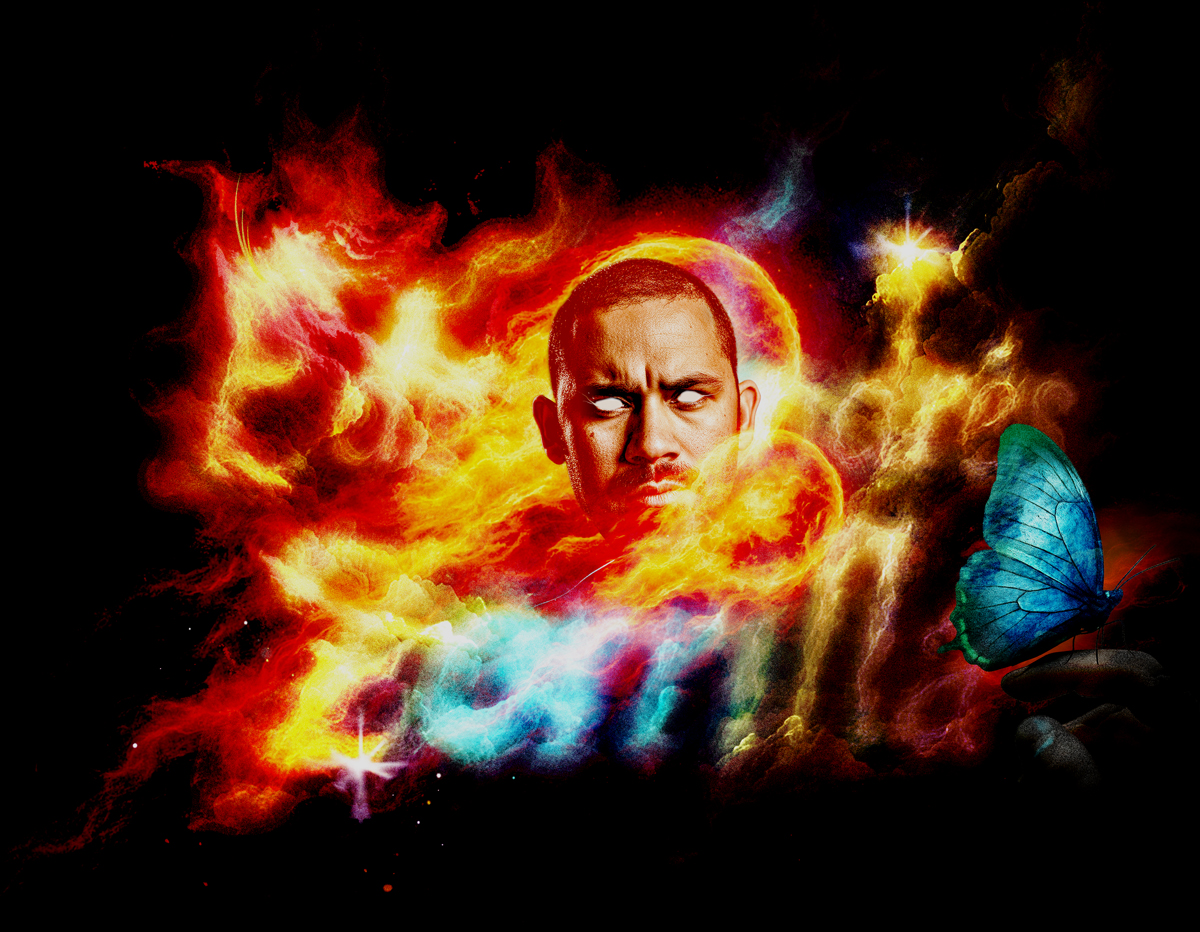 Self-portrait composite — figure wreathed in fire and colour with a blue morpho butterfly