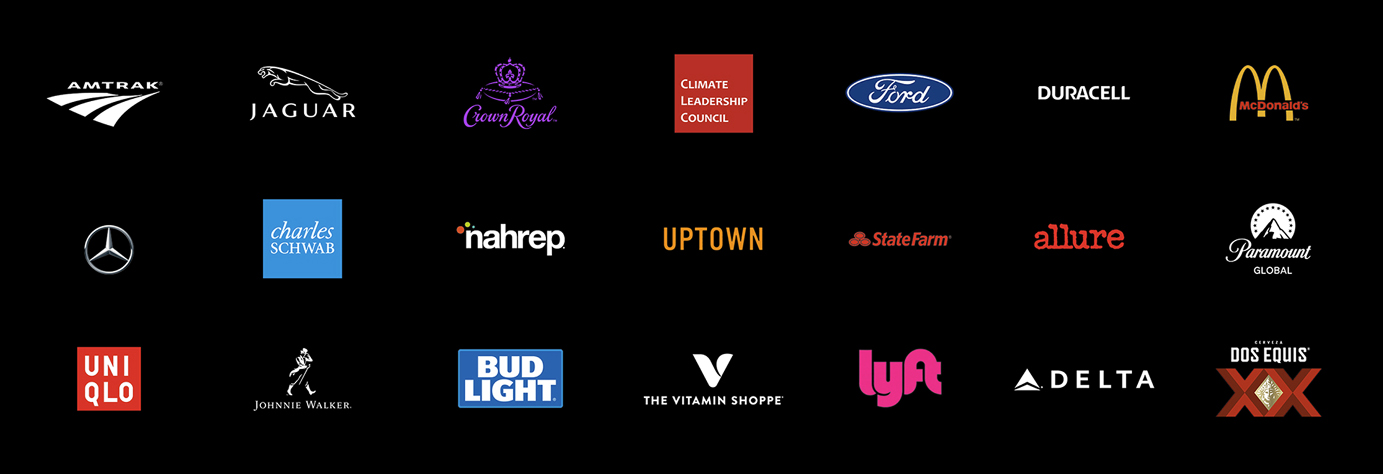Logos, Amtrak, Bud Light, Delta, Dos XX, Duracell, Ford, IBM, Jaguar, Jordan, Lyft, McDonald's, Mercedes, Nike, SeaWorld, Sprite, Tinder, Verizon, Vitamin Water