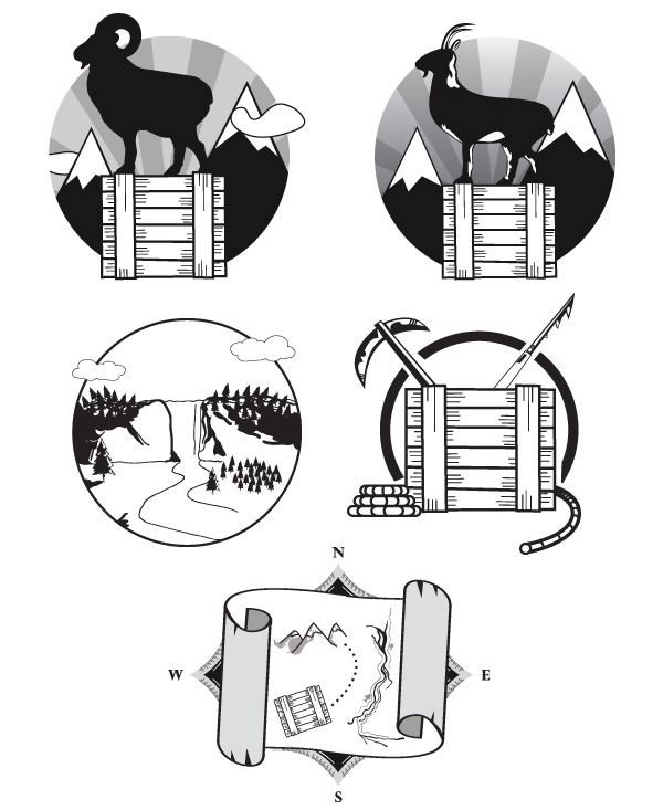 Dos Equis Cargo Hunt — mountain ibex, valley scene, pickaxe and compass-scroll icons