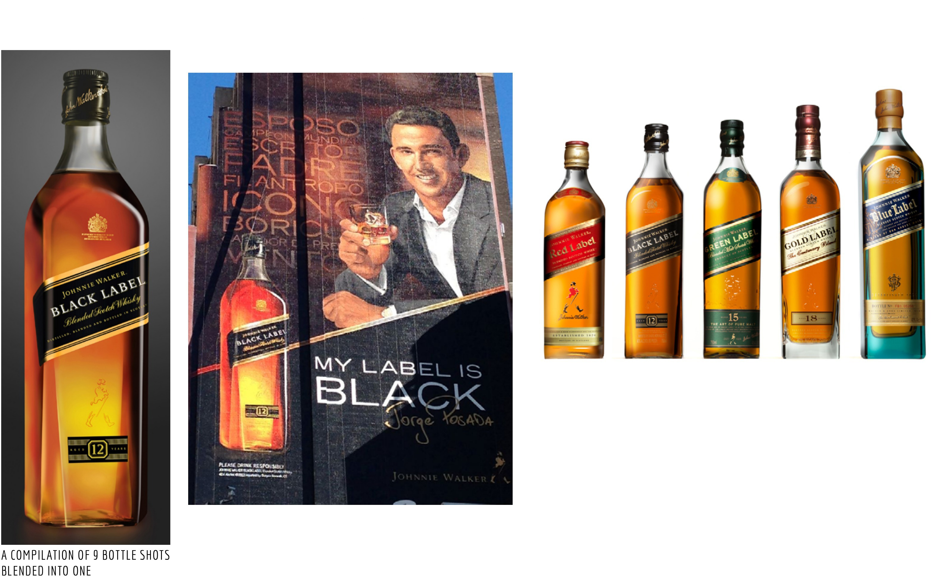 Johnnie Walker Black Label beauty bottle shot — 9-bottle composite and Penn Station campaign by Edgar Andrés Zorrilla