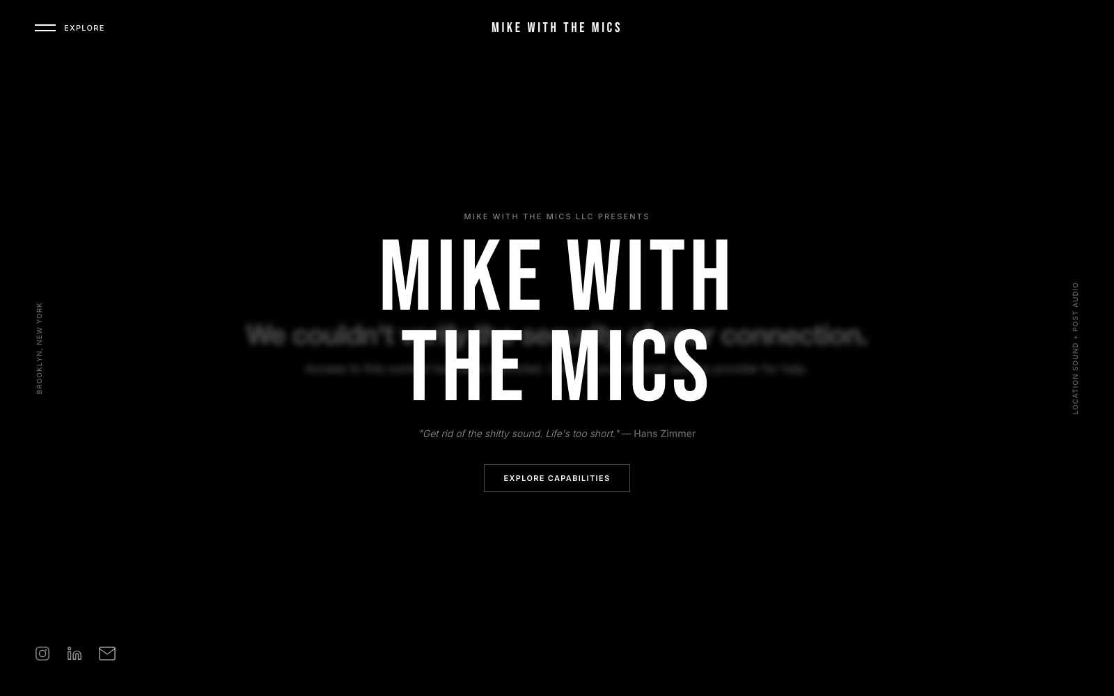 Mike with the Mics home page — bold display typography on black background