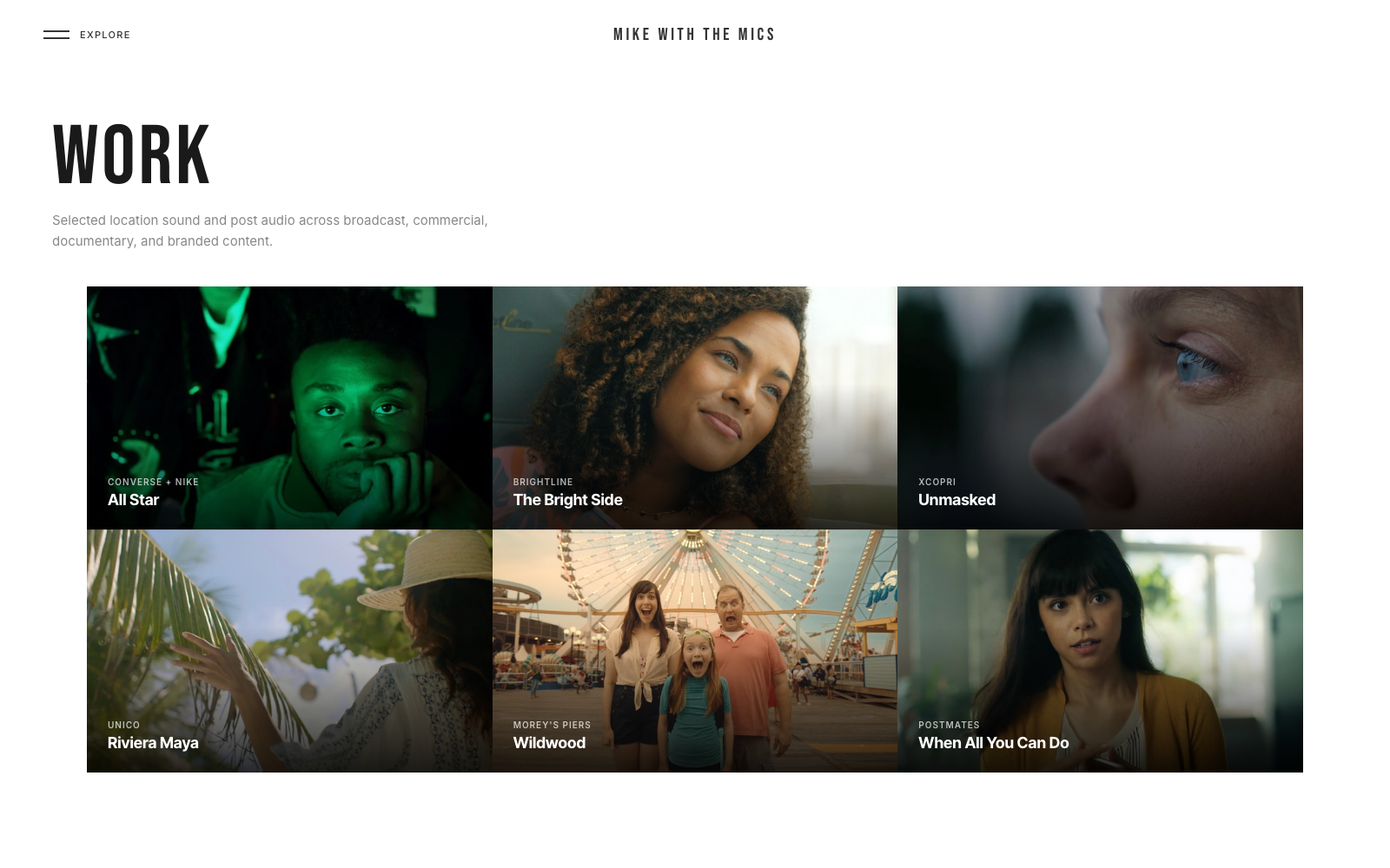 Mike with the Mics work grid — six project thumbnails with titles