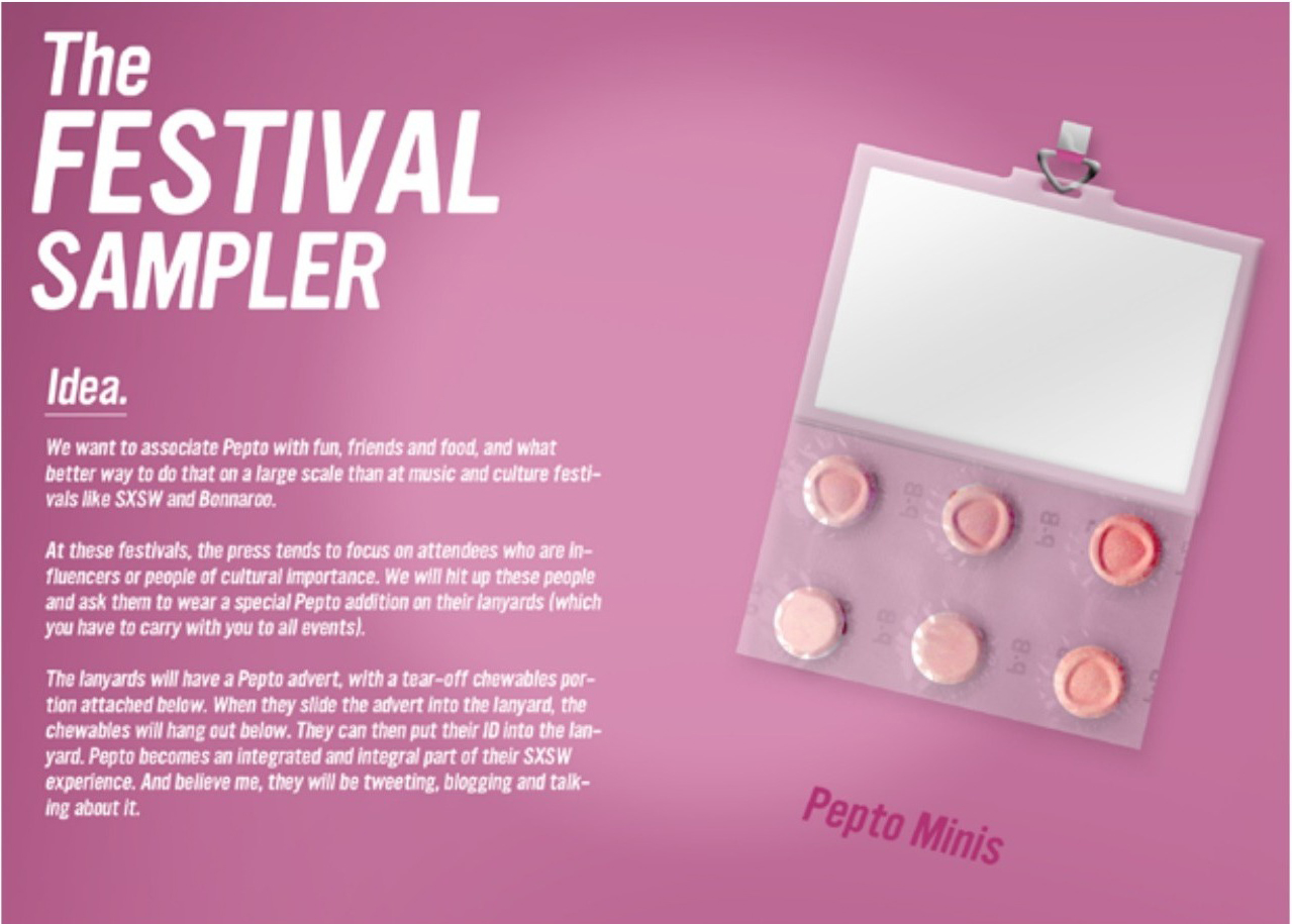 Pepto Minis festival lanyard concept with tear-off chewables by Edgar Andrés Zorrilla