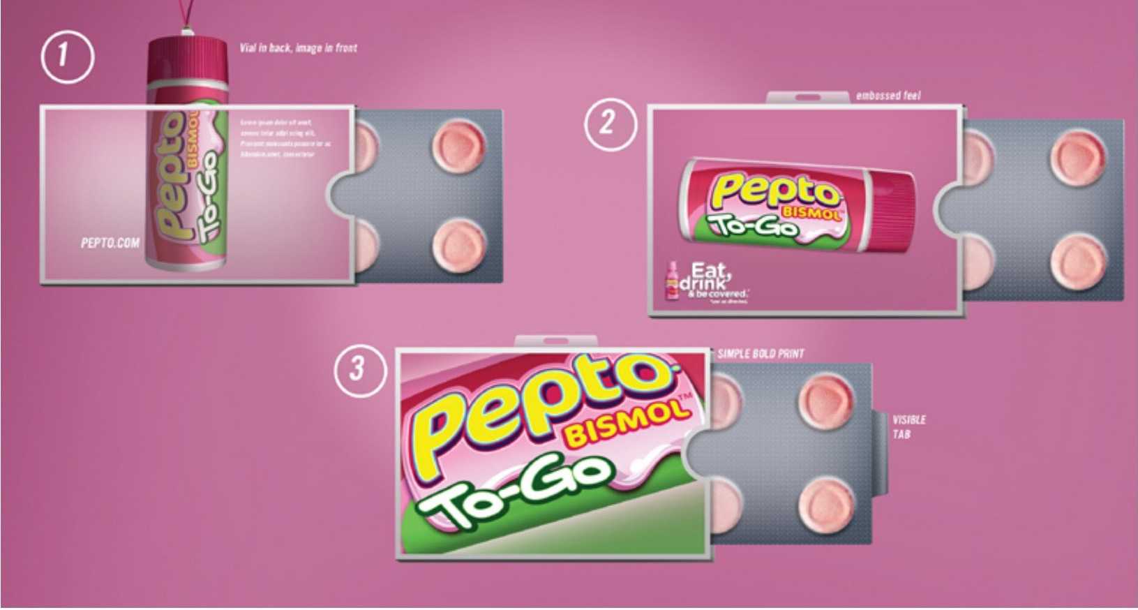 Pepto To-Go product innovation mockups — vial, roll, and flat pack by Edgar Andrés Zorrilla