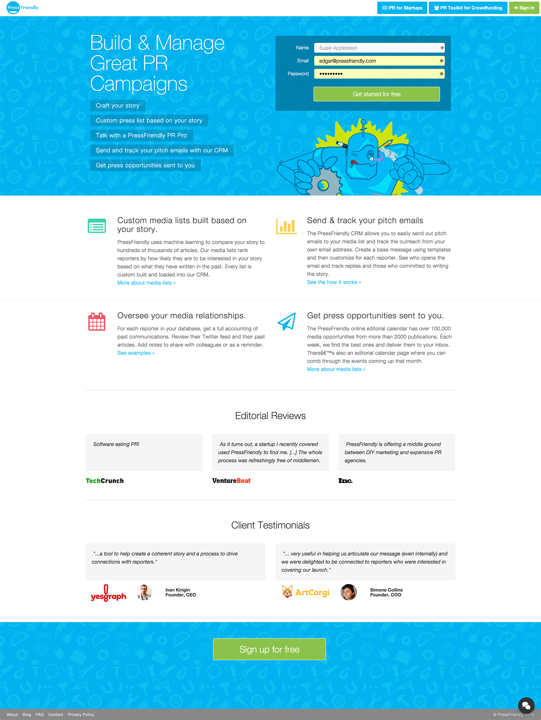 PressFriendly brand identity and landing page design