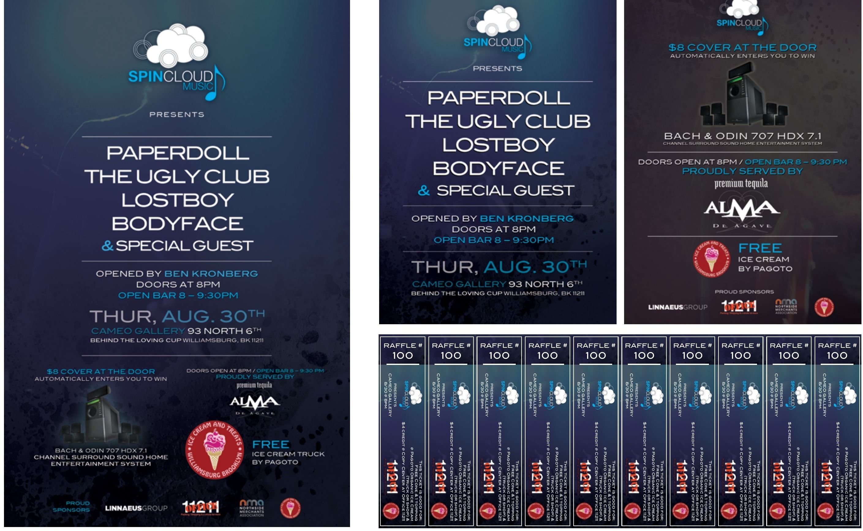 Spincloud Music posters, flyers, and raffle tickets for Cameo Gallery event by Edgar Andrés Zorrilla